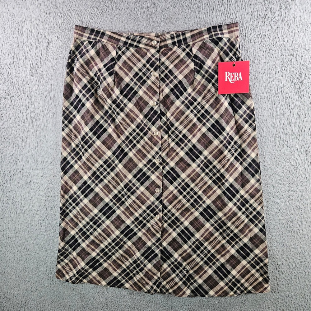 Reba Women Brown Plaid Button Front Cotton Midi Skirt Size 8 Western A-Line NEW